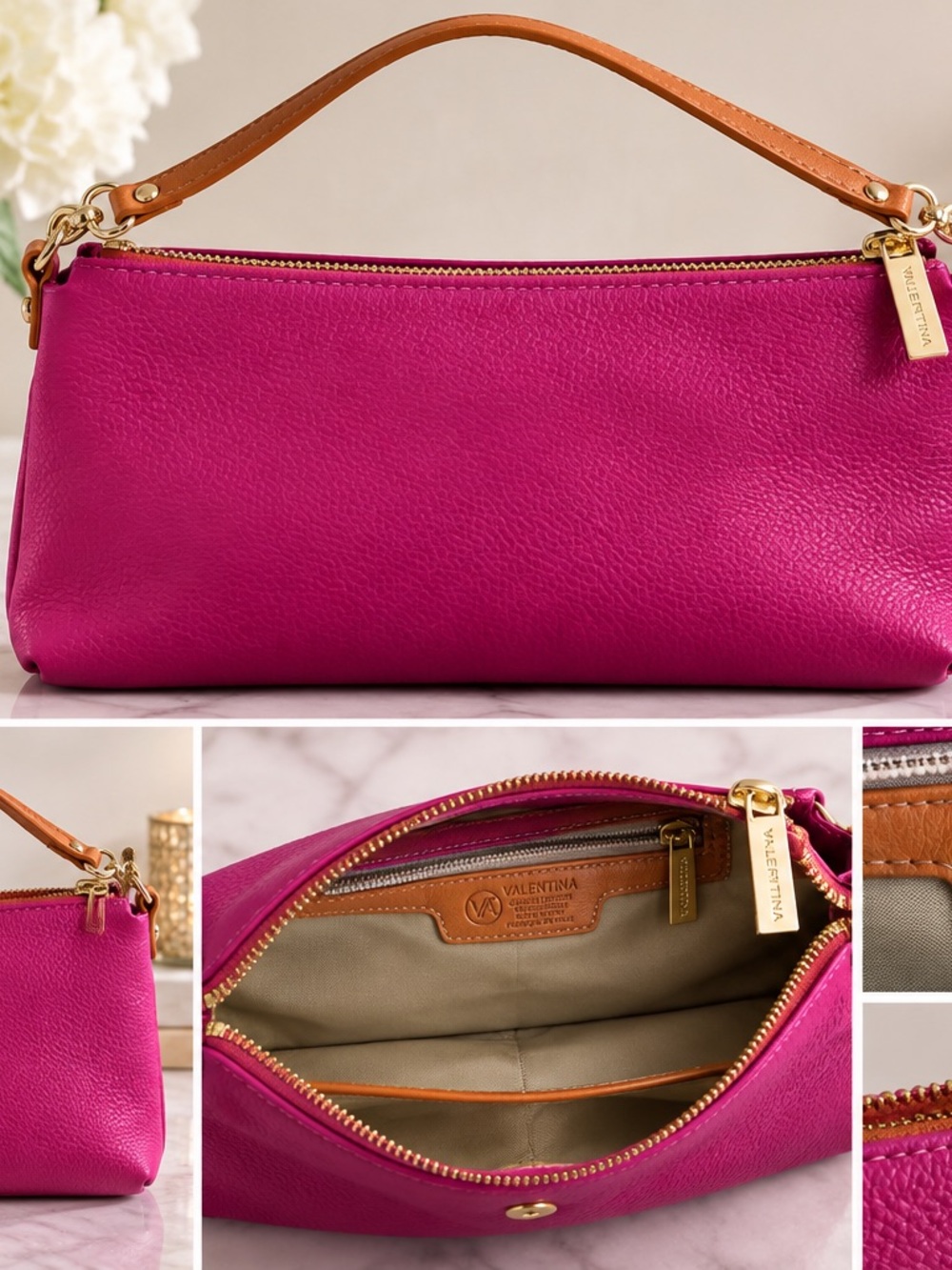 Valentina Fuchsia Leather Shoulder Bag with Tan Handle